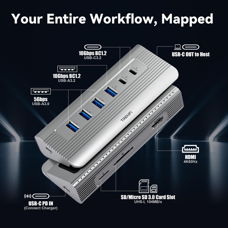 TRENFI Aluminum USB C Hub with Detachable Cable | USB