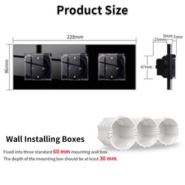 JIMEIDA 3 Socket Glass Flush-Mounted Black 16 Amp Sockets with Waterproof Lid 228 x 86 mm, 250 V