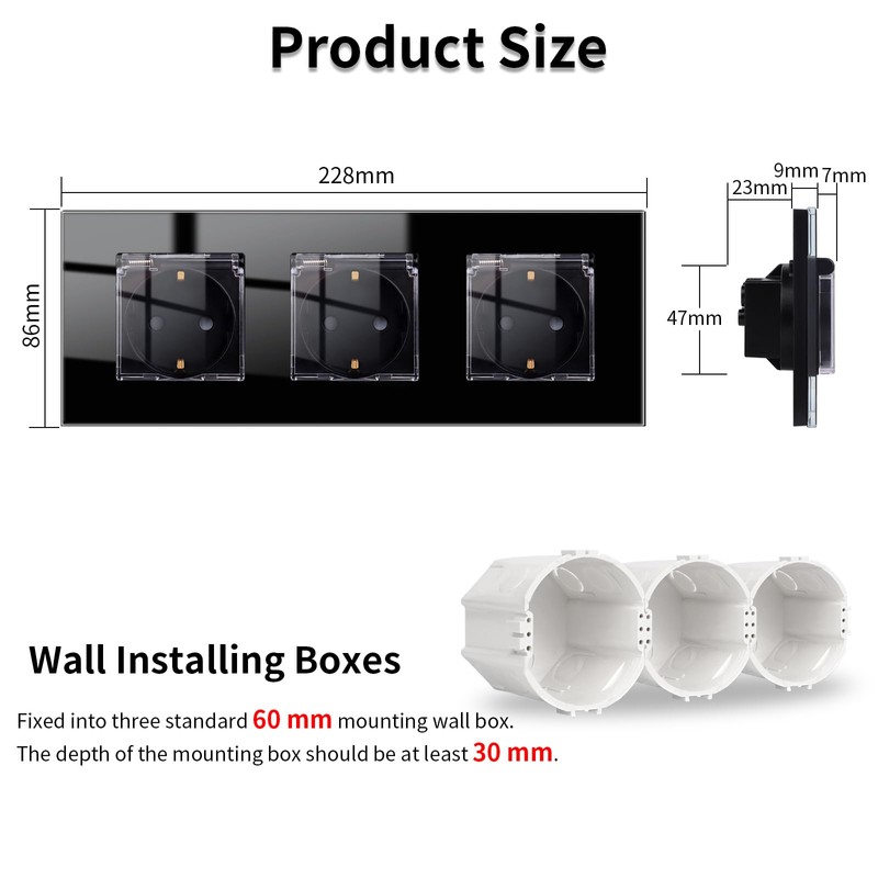 JIMEIDA 3 Socket Glass Flush-Mounted Black 16 Amp Sockets with