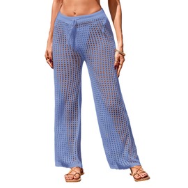 BreathSunny Womens Crochet Knit Elastic Waist Tie Beach Coverup Pant Summer 2025 Trendy Outfits Bathing Suit Cover Up Pants, Light Blue, Large