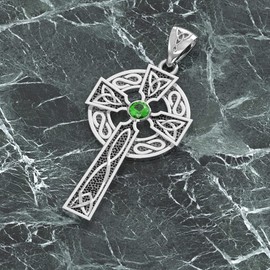 US Jewels 1.5in Men's 925 Sterling Silver Simulated Emerald May Birthstone Irish Celtic Knot Cross Pendant 4mm Curb Necklace, 26in