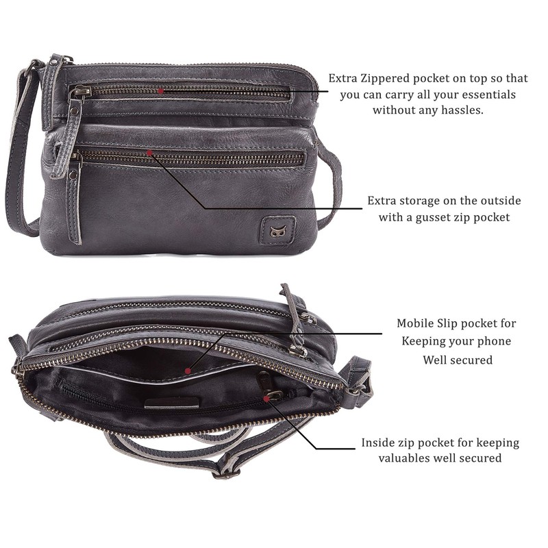 Wise Owl Accessories Small Triple Zip Real Leather Women's Crossbody-