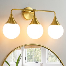 HAHZT Bathroom Vanity Light Fixtures: 2-Light Mid Century Farmhouse Bathroom Lighting Fixtures Over Mirror - Brushed Gold Wall Sconce with Frosted Globe Glass for Hallway Restroom