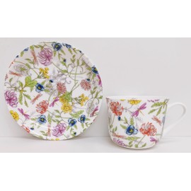 Rainbow Decors Japanese Garden & Dragonflies Cup and Saucer Fine Bone China Breakfast Jumbo 15 oz Floral Set Hand Decorated in UK