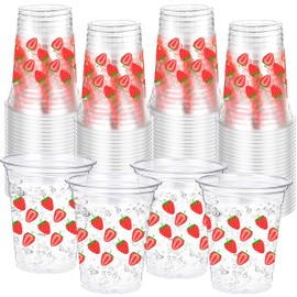 Jingmore 100 Pack Strawberry Plastic Cups 16 oz Red Strawberry Disposable Clear Fruit Cups for Birthday Baby Shower Summer Party Supplies Favors