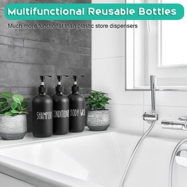 ALELION Glass Shampoo and Conditioner Dispenser Set of 3-16 oz Refillable Shampoo and Conditioner Bottles with Pump - Black Shower Soap Dispenser for Bathroom Decor and Accessories
