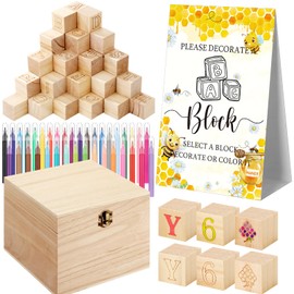 Marsui 136 Pcs Baby Shower Blocks to Decorate Game Kit Includes 98 Wooden Blocks, 36 Markers, 1 Game Sign, 1 Storage Box for Baby Shower Gender Reveal Activity Party Decorations(Bee)