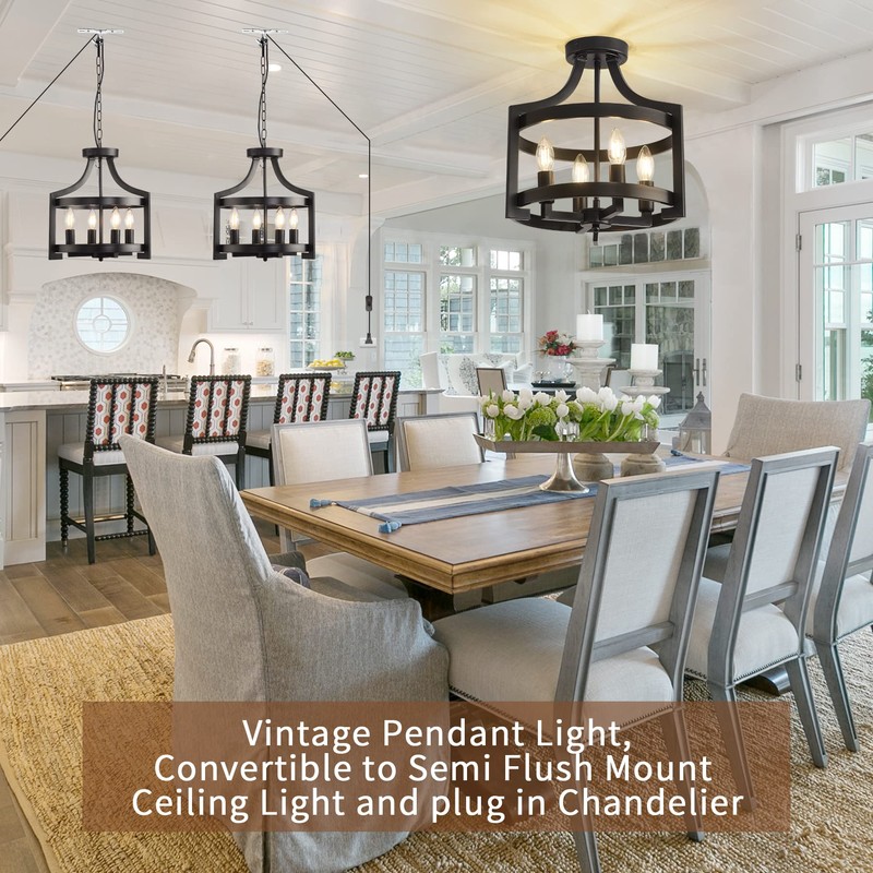 AOLALA Plug in Chandelier Black Farmhouse Pendant Light Fixture, Adjustable