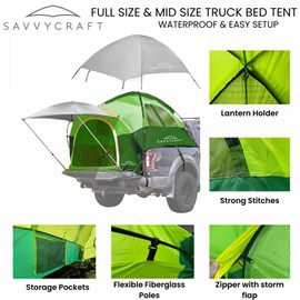 Savvycraft Pickup Truck Bed Tent for Full Size Truck 5.5'-5.8' Bed, Waterproof P3000mm 2-Person Double Layer Truck Bed Camping Tent, Expandable Awning, Rainfly, Storage Bag Included Green/Gray
