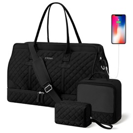 ETRONIK Weekender Overnight Bag for Women, Large Travel Duffle Bag with Shoe Compartment & Wet Pocket, Carry On Tote Bag Gym Duffel Bag with Toiletry Bag, 3 Pcs Set, Large Size, Dark Black