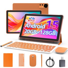 CUPEISI Android 15 Tablet 10 Inch, 20GB RAM+128GB ROM/2TB Expandable, 2.0GHz Quad-core Processor, 1280*800 HD Screen, 5G WiFi6 BT5.0, 2 in 1 Tablets with Keyboard Case Mouse Stylus, Widevine L1 Orange