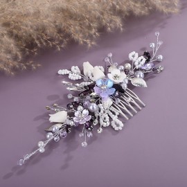 Rumtock Purple Flower Hair Comb White Seed Beads Headpiece for Wedding Brides Women Hair Accessories