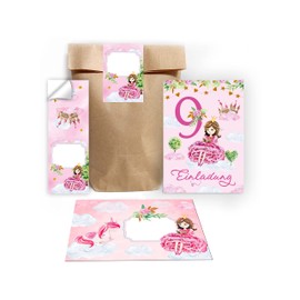 12 Invitation Cards for 9th Birthday Girl Princess with Unicorn Including 12 Envelopes, 12 Bags / Natural, 12 Stickers