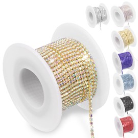 Swpeet 1 Roll 10 Yards 2MM Crystal Rhinestone Close Chain Trim, Claw Chain Diamond Rhinestone Trim for DIY Decoration, Crystal Rhinestones Cup Chain Trim Roll (White Rhinestone with Gold Base)