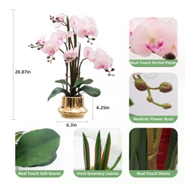 CXGS Artificial Orchid Flower Plant 20.9'' Real Touch Faux Orchids in Ceramic Vase Pink Fake Phalaenopsis Flower Arrangement Silk Orchids with Stems for Centerpiece Table Home Indoor Decor