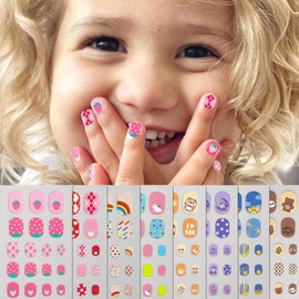 8 Sheets Kids Nail Stickers Full Nail Wraps for Girls, Cute Strawberry Rainbow Unicorn Bear Designs 3D Self-Adhesive Nail Art Decals Holiday Colorful Manicure Decorations for Age 7 and Older