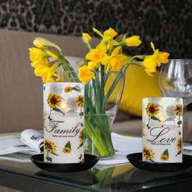Wondise Flameless Glass Pillar Candles with Remote & Timer, Battery Operated LED Flickering Sunflower for Home Decoration, Set of 3