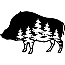 Wild Animal Forest Black and White Nature Scene Silhouette Cartoon Vinyl Sticker, Boar Pine Tree