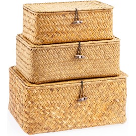 Pack of 3 Wicker Storage Baskets with Lid, Rattan Storage Basket, Woven Rattan Seagrass Braided Rectangular Storage Basket for Organising Rattan Retains