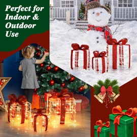 Nightcore Set of 3 Christmas Lighted Gift Boxes, Pre-lit 60 LED Light Up Xmas Tree Skirt Ornament with Warm Light, Stakes and Zip Ties, Indoor/Outdoor Present Box Holiday Decoration