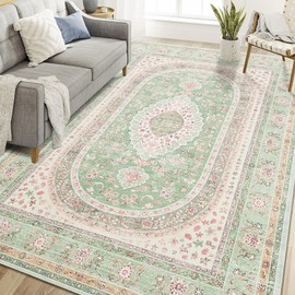 Castage 6x9 Area Rugs Washable,Green Rug for Living Room Bedroom Kitchen,Large Boho Vintage Bohemian Distressed Oriental Carpet Non Slip,Sage Blush Floral