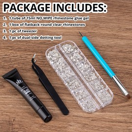 1 PC 15ml Nail Art Rhinestone Glue Gel(UV/LED)+1 Box of 2-5mm Flat Back Round Crystal Clear Gemstones+1 PC Tweezer+1 PC Dual-sided Dotting Pen for Professional And Home DIY Nail Art Decoration