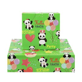 Happy Birthday Panda Wrapping Paper Set of 6 Sheets Folded Flat 20x28 inches Per Sheet For Kids Girls Boys Men Women, Bright Green Color Happy Birthday, Happy panda Party, Hello Baby Shower Letter With Balloons With Stars and Red Hearts For all Birthday 