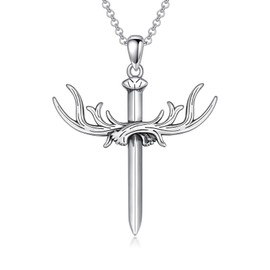 ROMANTICWORK Deer Antler Cross Necklace 925 Sterling Silver Nail Cross Pendant Hunting Antler Cross Religious Jewelry Gifts for Men Women