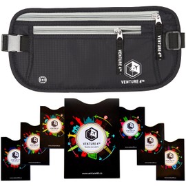 VENTURE 4TH Cinturón de Viaje Anti Robo | Riñonera Portadocumentos para Hombres y Mujeres con Mangas RFID para mantener seguro su Dinero, Documentos y Pasaporte (Negro)