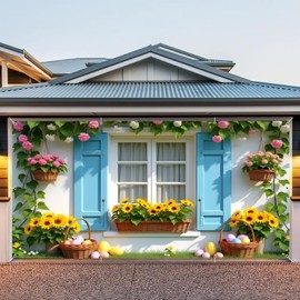 Spring Garage Door Cover 7x16ft Floral Wall Garage Door Spring Decorations Blue Window Scene Easter Garage Door Banner Large Spring Easter Garage Door Decorations for Outdoor Spring Window Background