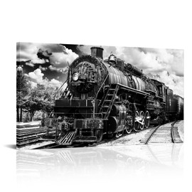 Saypeacher Black and White Train Canvas Wall Art Large Steam Trains in Progress Canvas Wall Art 20"x36"