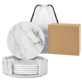 Coaster Round, White Marble Leather Tea Coaster Home, Coffee Shop, Bar, Hotel Non-Slip Drink Pad and Storage Box Combination Set Marble Pattern
