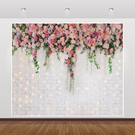 Flower Wall White Brick Backdrop 10x8ft Pink Rose Floral Wall Glitter Brick Backdrop Photography Wedding Bridal Shower Mother's Valentine's Day Anniversary Party Background Decoration Photo Props