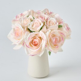 Avoeco 12-Piece Faux Real Touch Rose Bouquet in Ceramic Vase, Fake Flowers in Vase, Artificial Flowers for Home, Wedding, Bridal Bouquet, Party & Dining Table Centerpiece Decor (Pink Edge, 10" High)