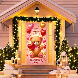 BlissYard Valentine's Day Door Banner 70x35 Adorable Teddy Bear Backdrop Heart Balloons Photo Background for Romantic Party Events Door and Home Decoration