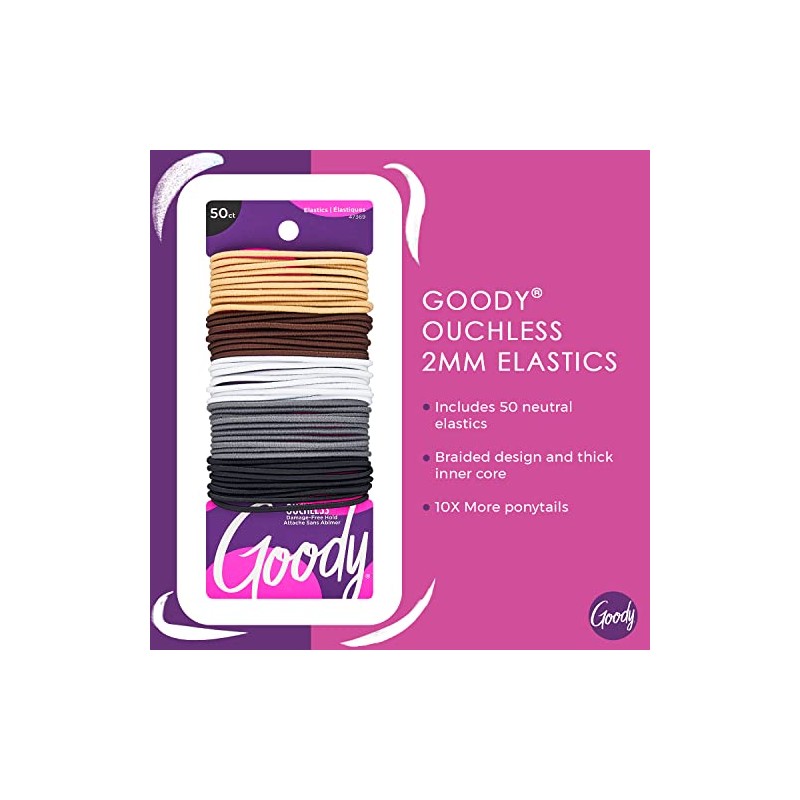 Goody Ouchless Braided Elastics, Value Pack, 2 mm, 50 Count
