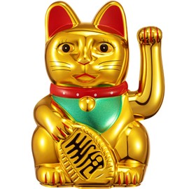 Chunful 6" Lucky Cat Waving Arm Maneki Neko Lucky Beckoning Feng Shui Wealth Cat for Welcoming Fortune Wealth Prosperity Decoration, Battery Not Included(Gold)