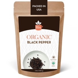 SPICY ORGANIC Whole Black Pepper - 3 lb. - Fresh and Aromatic Peppercorns, Perfect for Grinder Refill and Seasoning, USDA Certified Organic, Gluten-Free, Non-GMO Spice