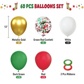 FunHot Christmas Balloons, 60 Pcs Red Green Gold Balloons, 12 Inch Red Green Confetti Balloons Metallic Gold Helium Balloons White Latex Balloons for Happy New Year Merry Christmas Party Decorations