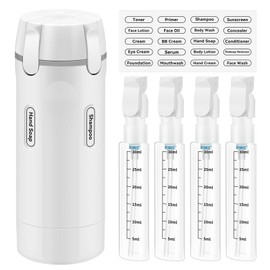 Dispenser da viaggio 4 in 1, confezione da 4 flaconi da viaggio ricaricabili da 30 ml per articoli da toeletta, contenitore portatile a prova di perdite con scala ed etichetta per shampoo, balsamo