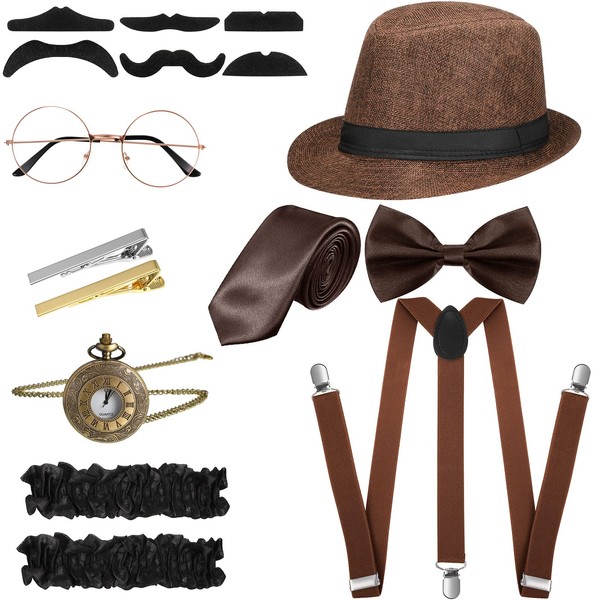 1920s Men Costume Accessories Set Roaring Retro Gangster Costume, Hat, Bow Tie, Pocket Watch, Suspender, Glasses, Beard, Armband Garters, Tie Clips (Brown, Simple Style)