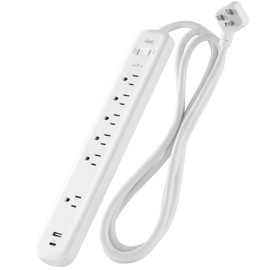 KMC 6-Outlet Surge Protector Power Strip, 1 USB-A & 1 USB-C Port, 840J Power Surge Protectors, 6ft Extension Cord, Flat Plug, White Power Strip Surge Protector, ETL/UL Certified Power Strips, White