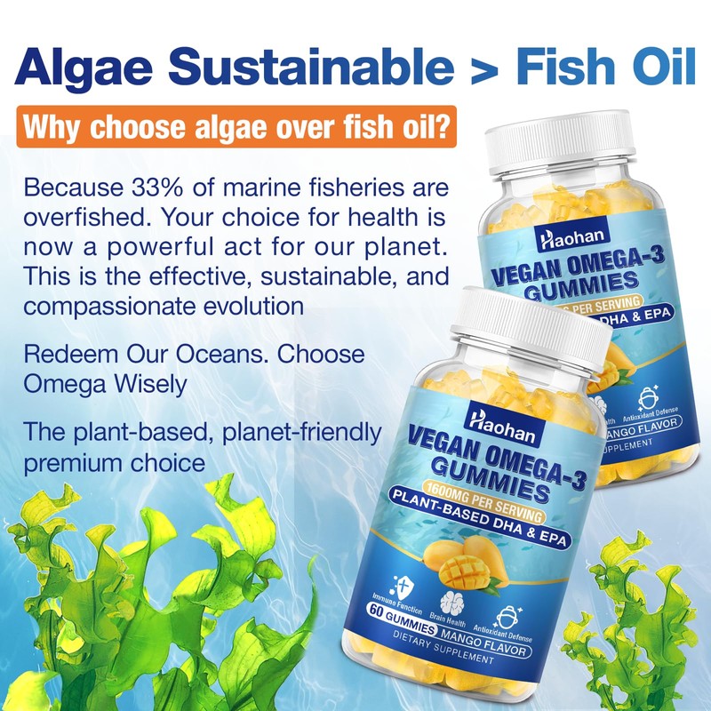 Omega-3 Gummies for Adults, Orange Flavor – Sugar-Free, Algae-Derived DHA
