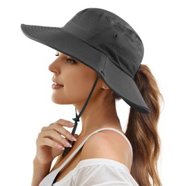 Mukeyo Womens Ponytail Sun Hat Wide Brim Mesh Bucket Hat UV UPF50 Protection Hat Foldable Summer Travel Beach Fishing Hats Dark Grey