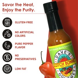 Dave's Gourmet Scotch Bonnet Hot Sauce - Warm to Very Warm Heat - Scotch Bonnet Pepper Sauce - Ideal for Mexican, Asian, Grilled Meals and Rice - Gluten Free Sauce, No Preservatives - 5oz (Pack of 1)