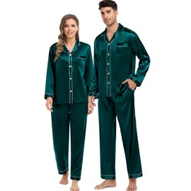 SWOMOG Couples Silk Satin Pajamas Sets Women & Men Long Sleeve Sleepwear 2PCS Pjs Button-Down Loungewear Comfy Nightwear Women Deep Green Small