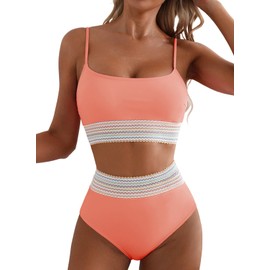 Herseas Womens Bikini Sets Contrast Trim 2 Piece Swimsuit Scoop Neck Adjustable Spaghetti Straps Bathing Suit Peach