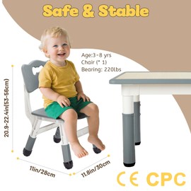 FUNLIO Adjustable Kids Chair (1pc), 3 Level Height Adjustable Toddler Chair for Ages 3-8, Sturdy Child Chairs with Maximum Bearing 220lbs, for Classrooms/Daycares/Homes, CPC & CE Approved - Gray