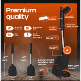 BakeRoyal Silicone Spatula Set - Turner Spatulas Silicone Heat Resistant 600°F - Slotted & Solid Spatula for Cooking Fish, Eggs, Pancakes Flipper – Spatulas for kitchen use – Black