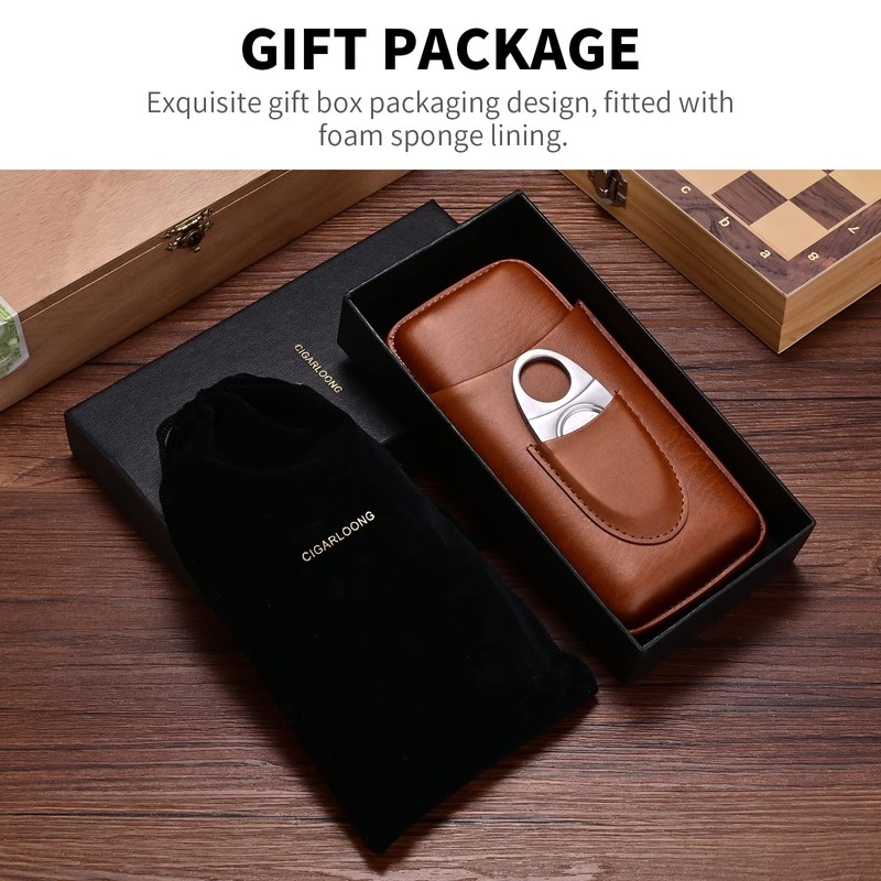 CIGARLOONG Cigar Case Brown Cigar Leather Humidor for 3 Cigars